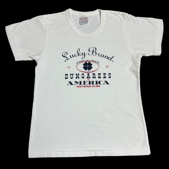 Vintage 90s Lucky Brand Dungarees Clover Graphic Baby Tee Shirt Made USA S - Picture 1 of 4